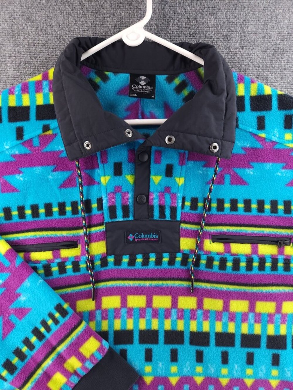 Columbia Fleece Jacket Colorful Pullover Medium Aztec Pockets Anorak Style Soft